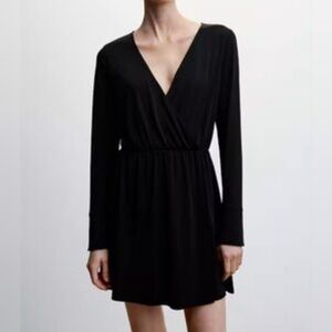 Womens Planet Gold Black Mini Surplice Neckline Elastic Waist Ruffle Sleeve S